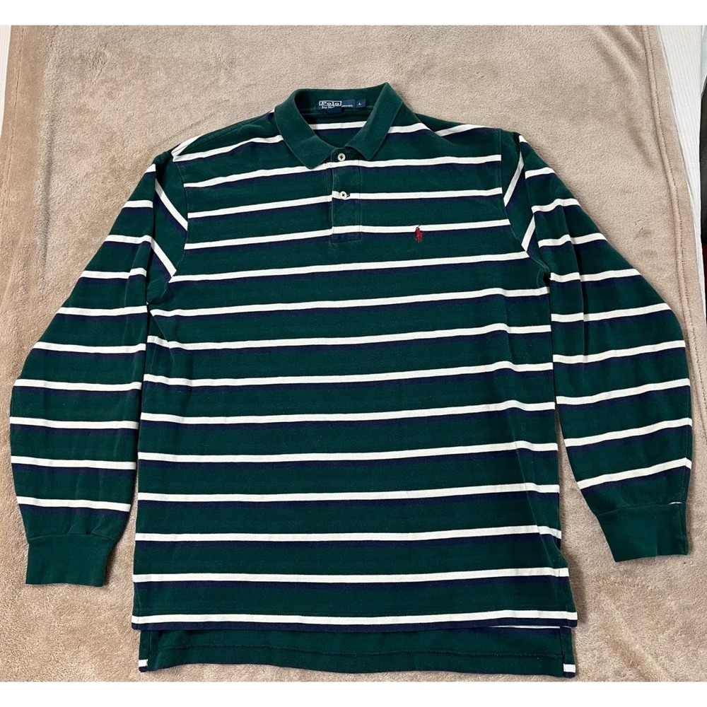 Vintage Polo Ralph Lauren Polo Men Large Green White Striped Long Sleeve EUC